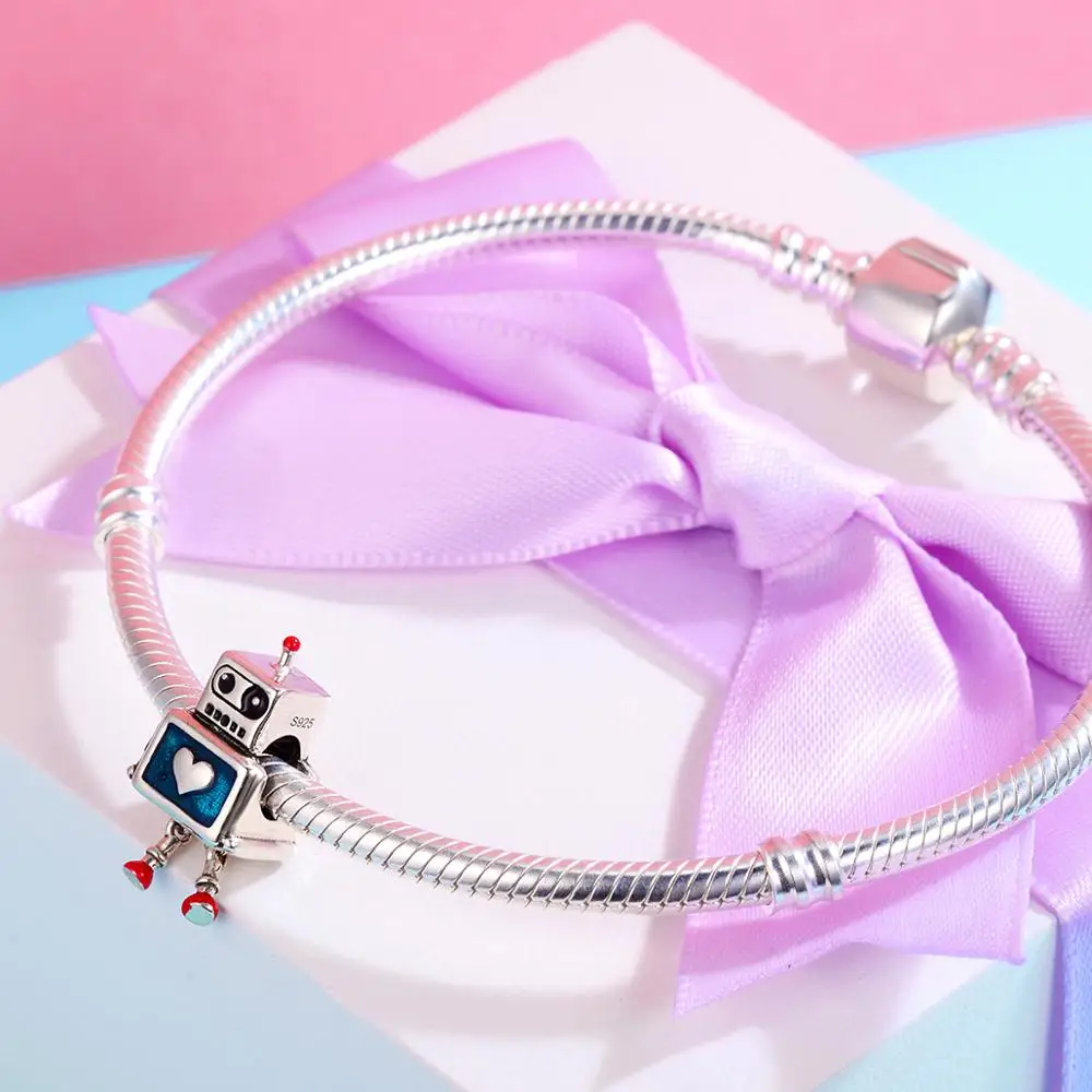 

2019 New Hot Sale Detail 100% 925 Sterling Silver Lovely Robot Heart Charms Fit Bracelet Necklace For DIY Girl Jewelry