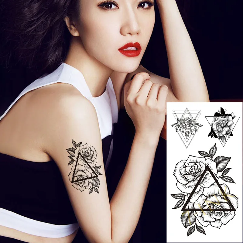 

Waterproof Temporary tatoo sticker Geometric triangle sketch Rose flower Water Transfer fake flash tatto for men women