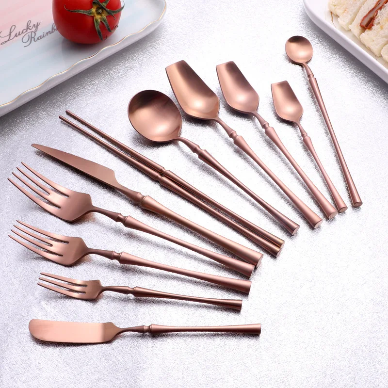 

Matte Stainless Steel Cutlery Set Rose Gold Dinnerware Set Spoon Fork Knife Complete Tableware Chopsticks Dishwasher Safe
