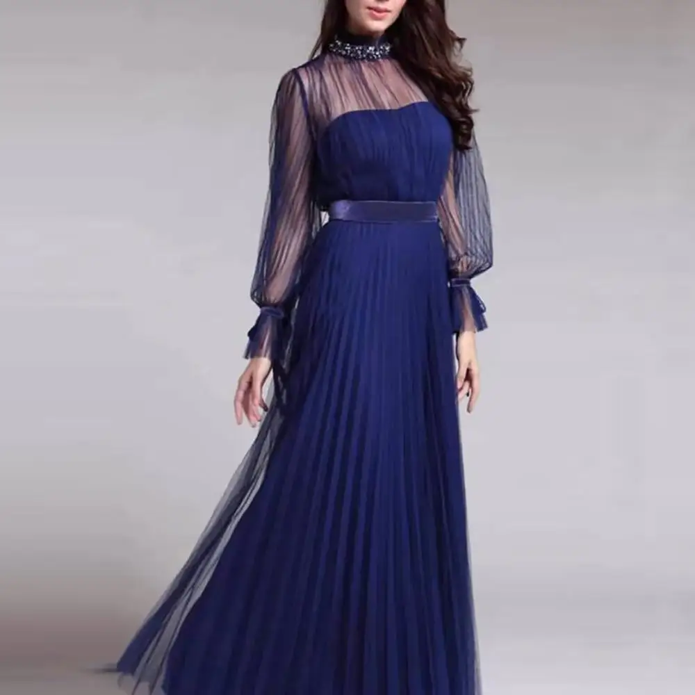 

Women Dress Spring Summer New Blue Temperament Dress Female 2020 Banquet Annual Meeting Long Sleeve Long Dresses