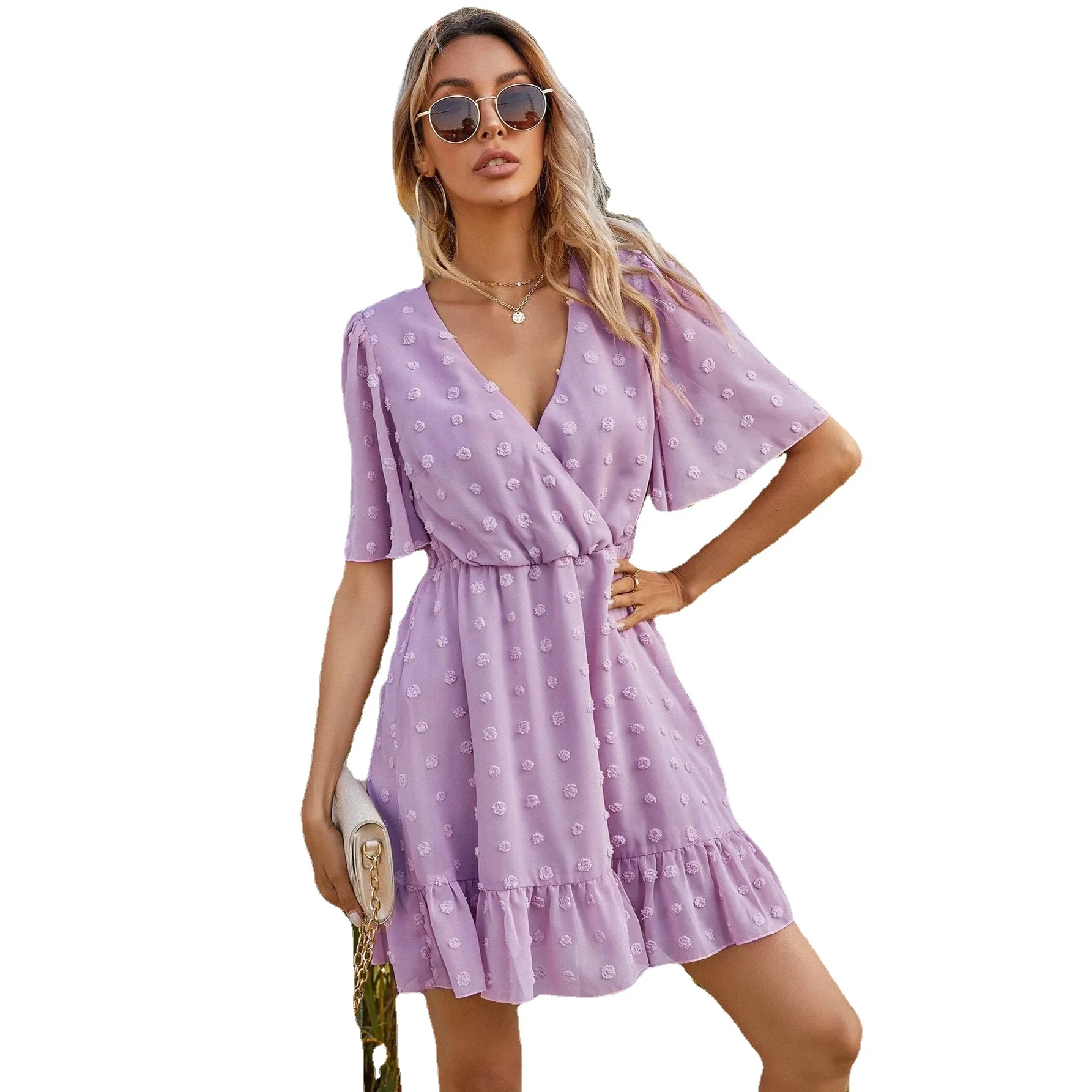 

Women's short skirt new products 2021 summer sexy casual dress bat sleeves V-neck simple stitching ruffled dress women