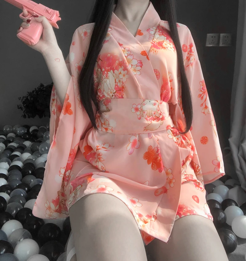 

Sexy Japanese Pink Sakura Kimono Retro Women Lovely Bathrobe Cute Anime Yukata Pajamas Robe Temptation Babydoll Costume