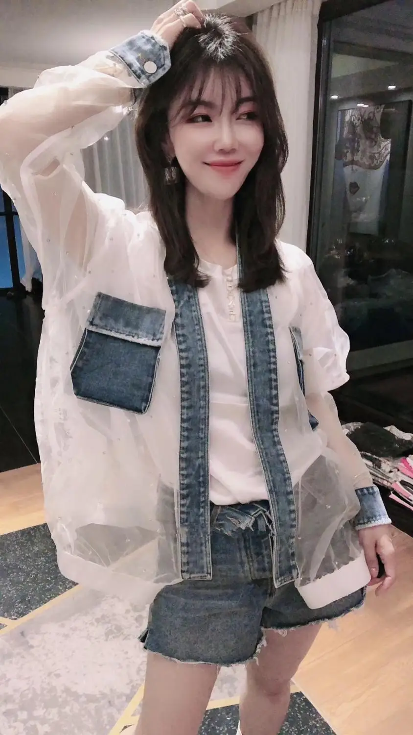 WHITNEY WANG Blouses 2020 Spring Fashion Streetwear Denim Patchwork See Through Mesh Diamonds Blouse Women Blusas Lady Shirt | Женская