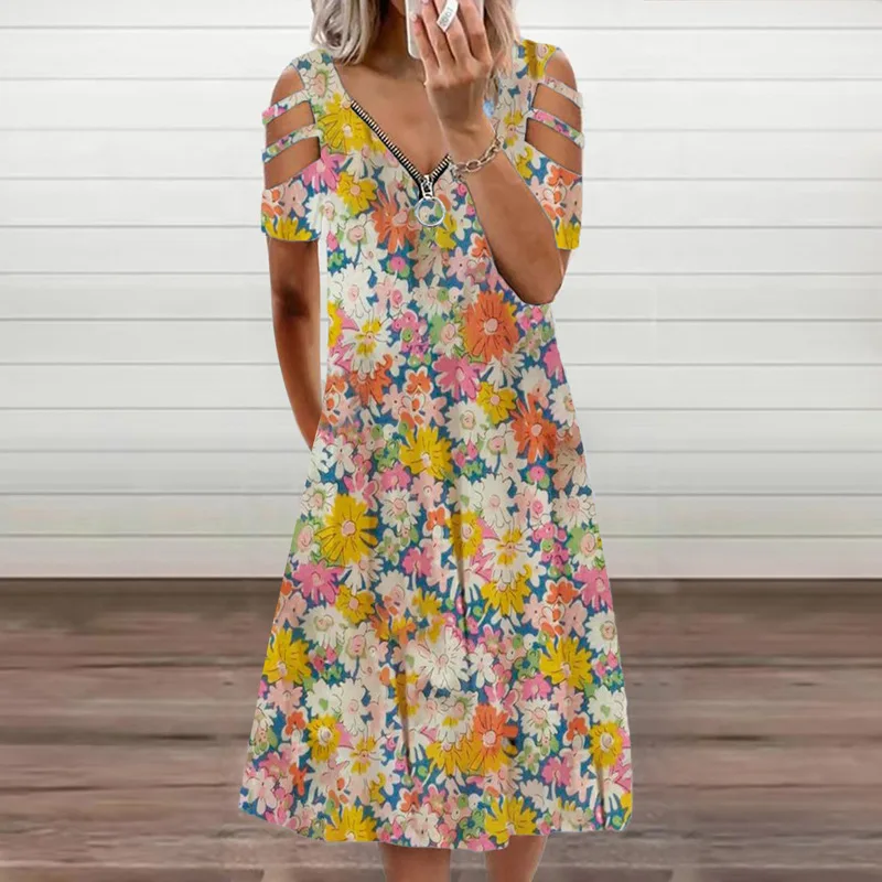 

Zipper Floral Printed Short Sleeve Dress Summer Women Sexy V Neck Casual Elegant Vintage Plus Size Hollow Out Dresses Streewear