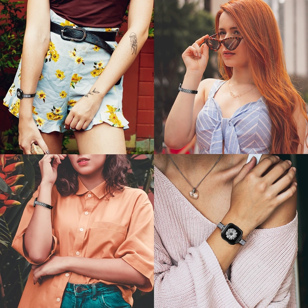 

Stainless Steel Band Compatible with Fitbit Versa Bands Women Slim Fold Clasp Strap Wristbands for Versa Lite Special Edition