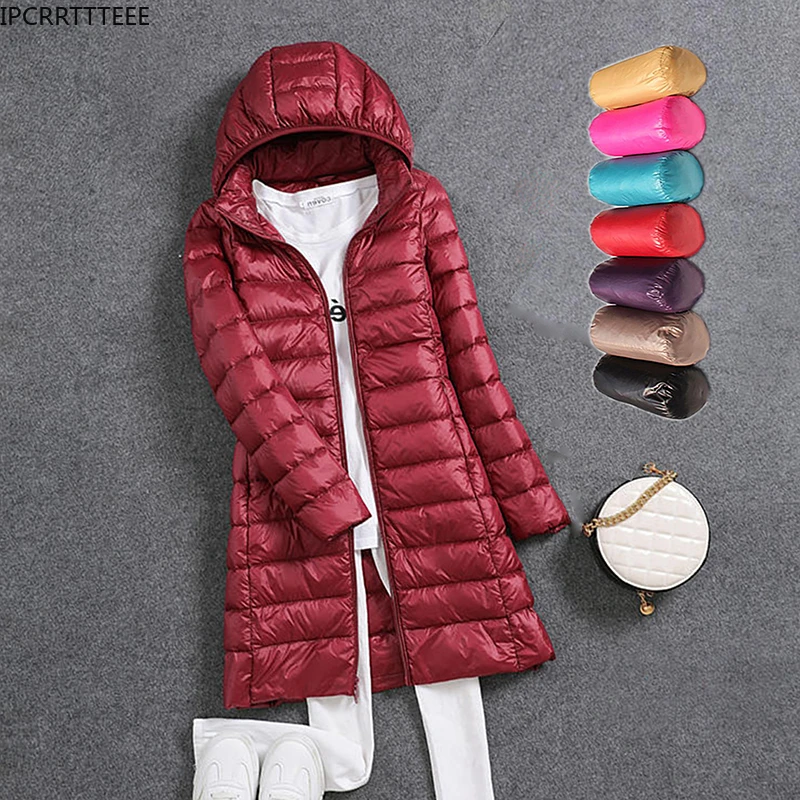 

2021 New Winter Jackets Women White Duck Down Long Coat Female Hooded Padded Parkas Ultra Light Portable Down Coats for Women