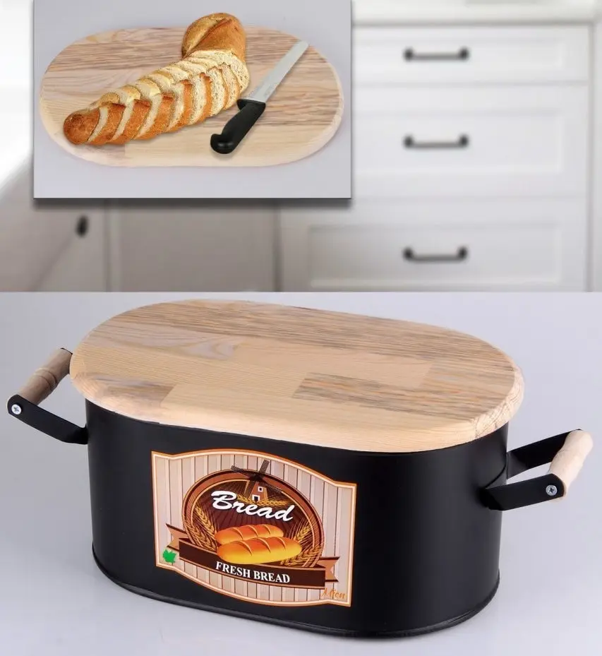 

Bread Box With Bamboo Cutting Board Lid Storage Box Stainless Steel Bread Bin Holder Snack Box for Kitchen Containers Home Decor