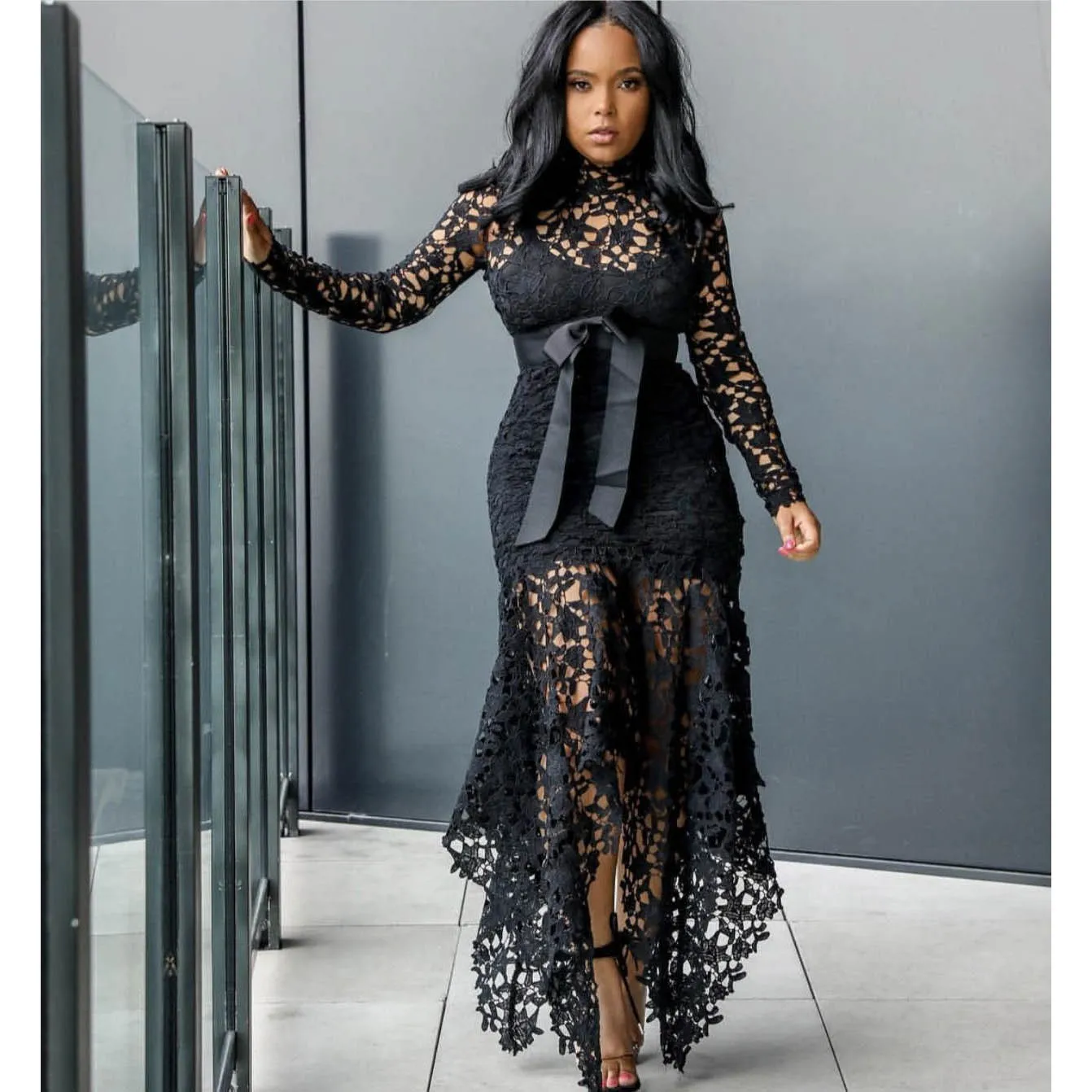 2019 Elegant Women Party Fish Tail Dress Sexy Hollow Out Lace Mesh Maxi Casual Ruffles Hem Patchwork Bodycon | Женская одежда