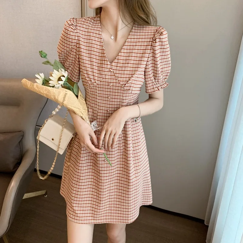 

2021 Summer Puff Sleeve Red Plaid Dress Women Elegant Fashion V-Neck High Waist Slim A-Line Vintage Dresses Ladies