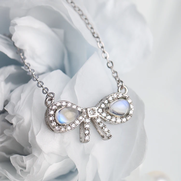 

Girl 925 silver Plated Platinum Blue moonstone Personalized Bowknot Necklace Pendant Necklace Christmas Jewelry Gifts for Mother