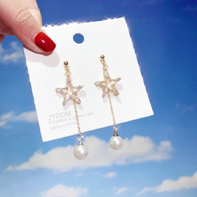 

European and American net red temperament long pearl earrings simple personality versatile Earrings S925 silver needle Star Earr