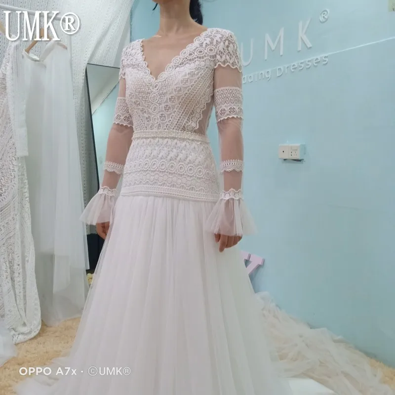 УМК В богемном стиле кружевное платье с длинными рукавами свадебное 2021 Винтаж