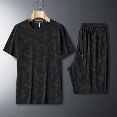 

2021 summer new quality ice silk short suit men's short sleeve T-shirt Capris sports leisure two piece set fashion