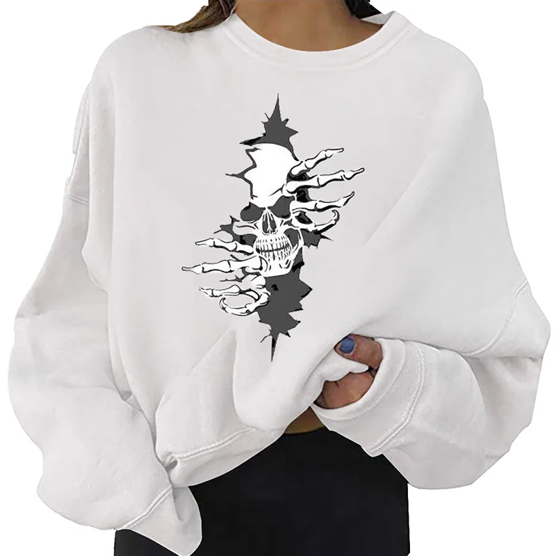 Vintage Sweatshirt Women White Skull Print Oversize Loose Harajuku Long Sleeve Spring Autumn Thin Pullovers Tops 2021 Black Gray