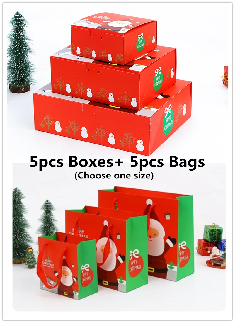 Red Box And Bags LBSISI Life 10 шт Рождественская Подарочная коробка Подарочный пакет бумажная Санта Клаус Конфета в виде снеговика печенья рождественские упаковочные коробки с поздравительной открыткой - Цвет: Red Box And Bags