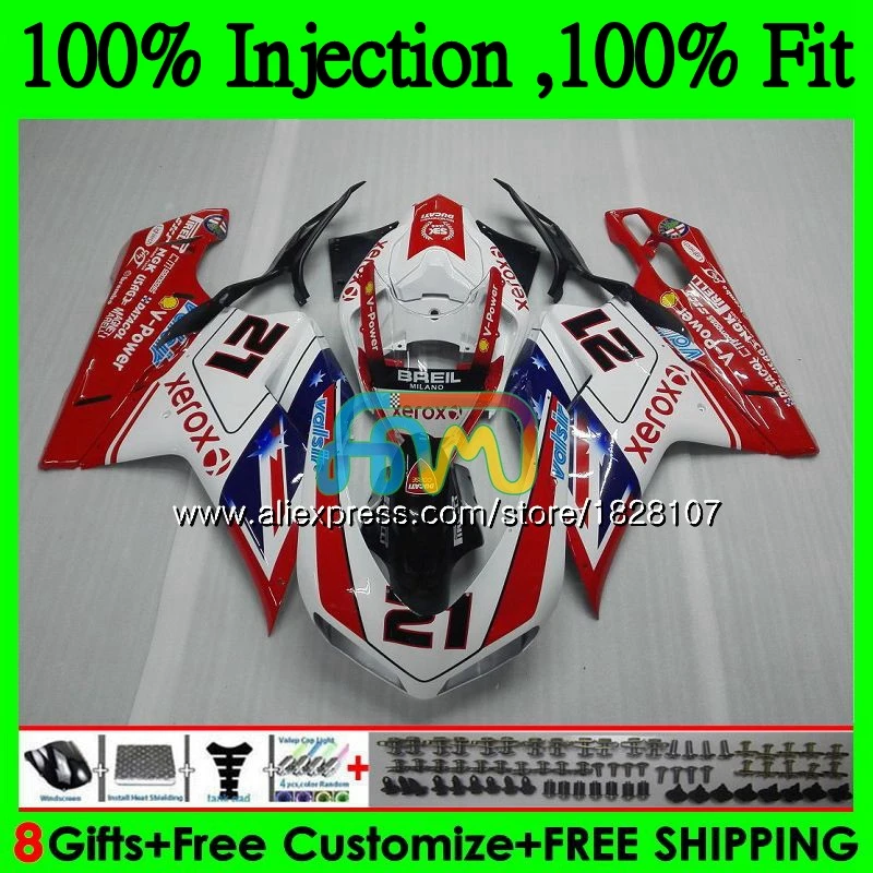 

848 1098 For DUCATI 848R 1098R 1198 07 08 09 10 11 White red 70BS.13 1098S 848S R 1198S 2007 2008 2009 2010 2011 2012 Fairing