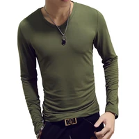 casual solid color t shirt for men v neck long sleeved stretch top tees for male slim fit bottoming tshirt