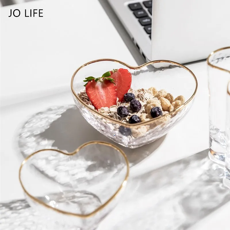 

JO LIFE Household Dinnerware Heart Shaped Golden Edge Crystal Transparent Glass Bowl Mug Breakfast Fruit Salad Dish