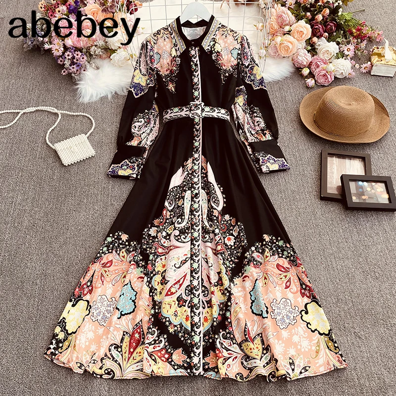 

2021 New Spring Autumn Vintage turn down collar long sleeve Dress single breasted high waist lace up printed long A-line Dress