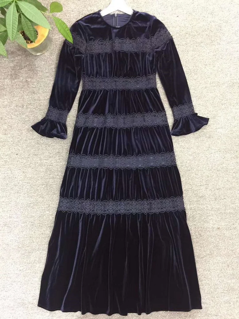 

Top Quality New 2020 Autumn Long Evening Vestidos Women Appliques Lace Patchwork Flare Sleeve Long Maxi Dress Velvet Blue Black