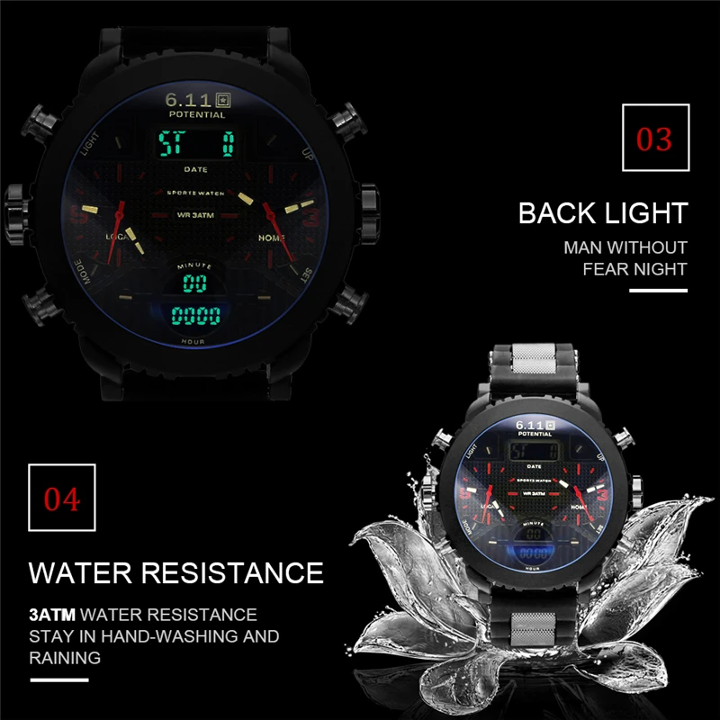 

6.11 New Big Mens Watch Sport Quartz Men Wristwatches Multiple Time Zone Led Digital Sport Watch Men Relogio Masculino 2020