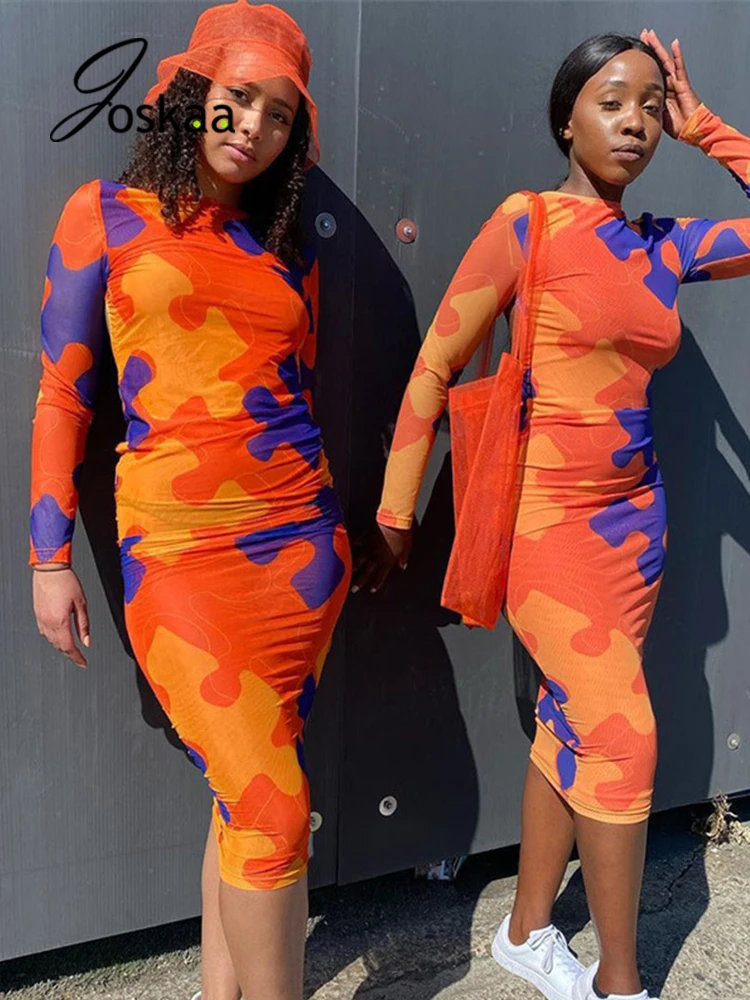 

Joskaa Print Orange O-neck Long Sleeve Bodycon Dress Sexy Sheer Mesh Backless Midi Dresses for Women 2021 Winter Party Clubwear