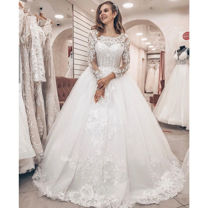 

Elegant Princess Ball Gown Wedding Dresses Long Sleeves Lace Appliques Charming Sheer Back Bridal Party Dress Robe De Mariee