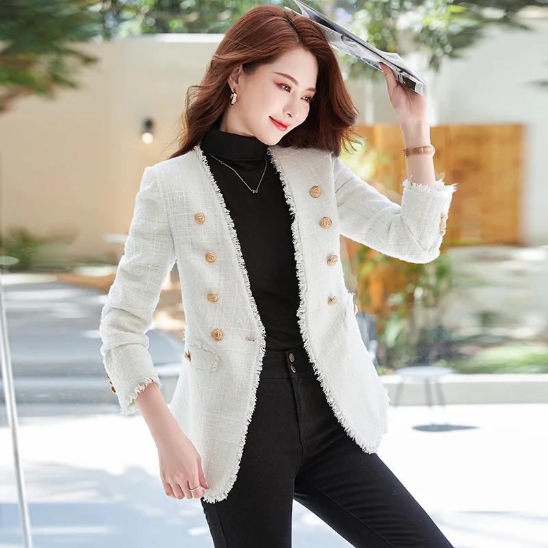 2021 Spring and Autumn Women's White Tweed Blazer Double-breasted SlimTextured Long Sleeve Jacket  Women Collarless Chic Coat
