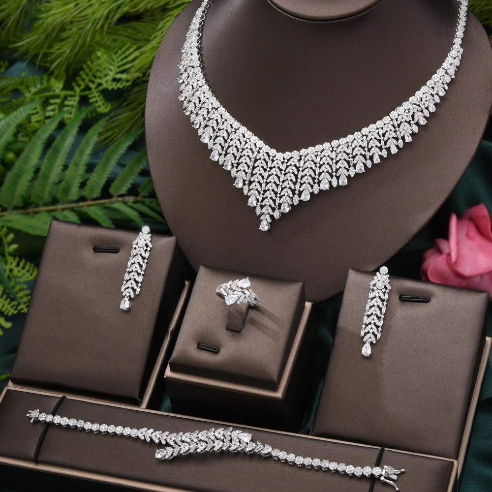 Роскошные великолепные благородные серьги, ожерелье и кольцо, набор из 4 шт. ювелирных изделий, очаровательные женские украшения для свадеб...