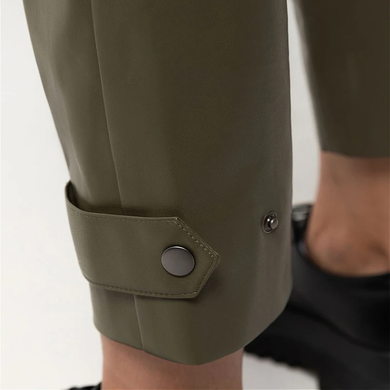 

Casual Solid Color Real Pocket Loose Pu Leather Pants Office Ladies Basic Button Zipper Harem Pants 2020 New Fashion Autumn