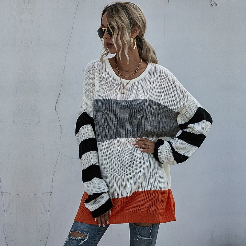 

Women Long Sleeve Knitted Sweater Loose Long Pullover Color Block Stripes Tunic
