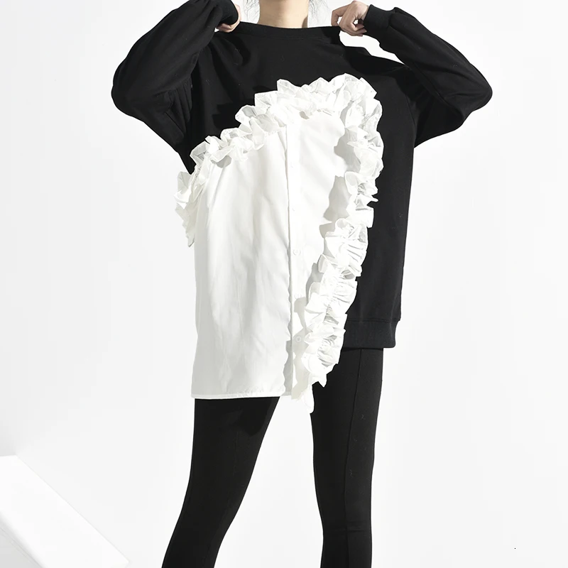 LANMREM 2021 Новая модная женская Лоскутная Толстовка с длинным рукавом и оборками