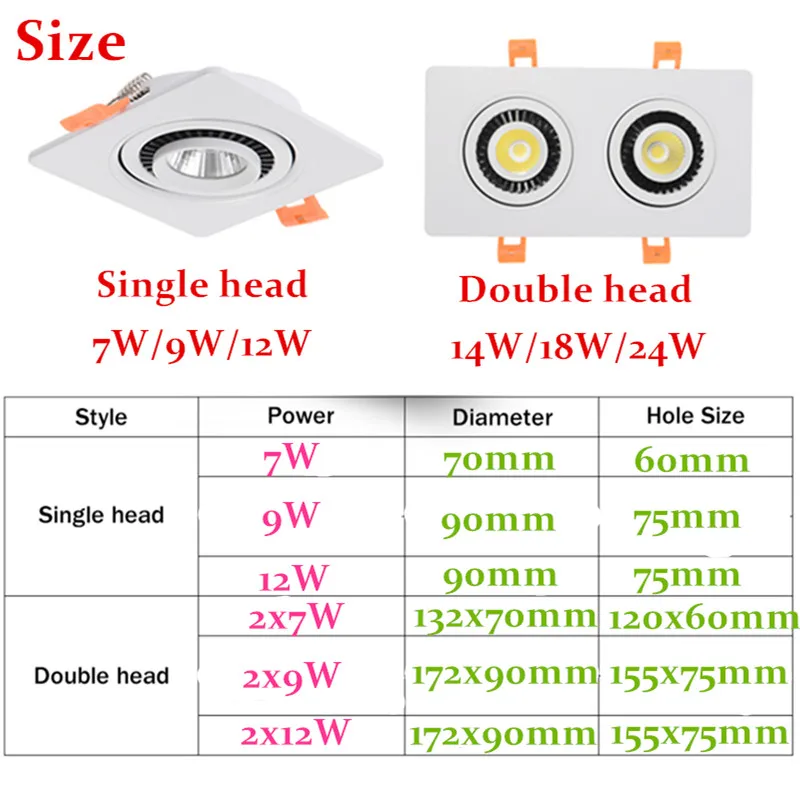 Luces descendentes LED cuadradas regulables, 7W, 9W, 12W, 14W, 18W, 24W, foco de techo COB empotrado, iluminación LED interior de ac85-265V