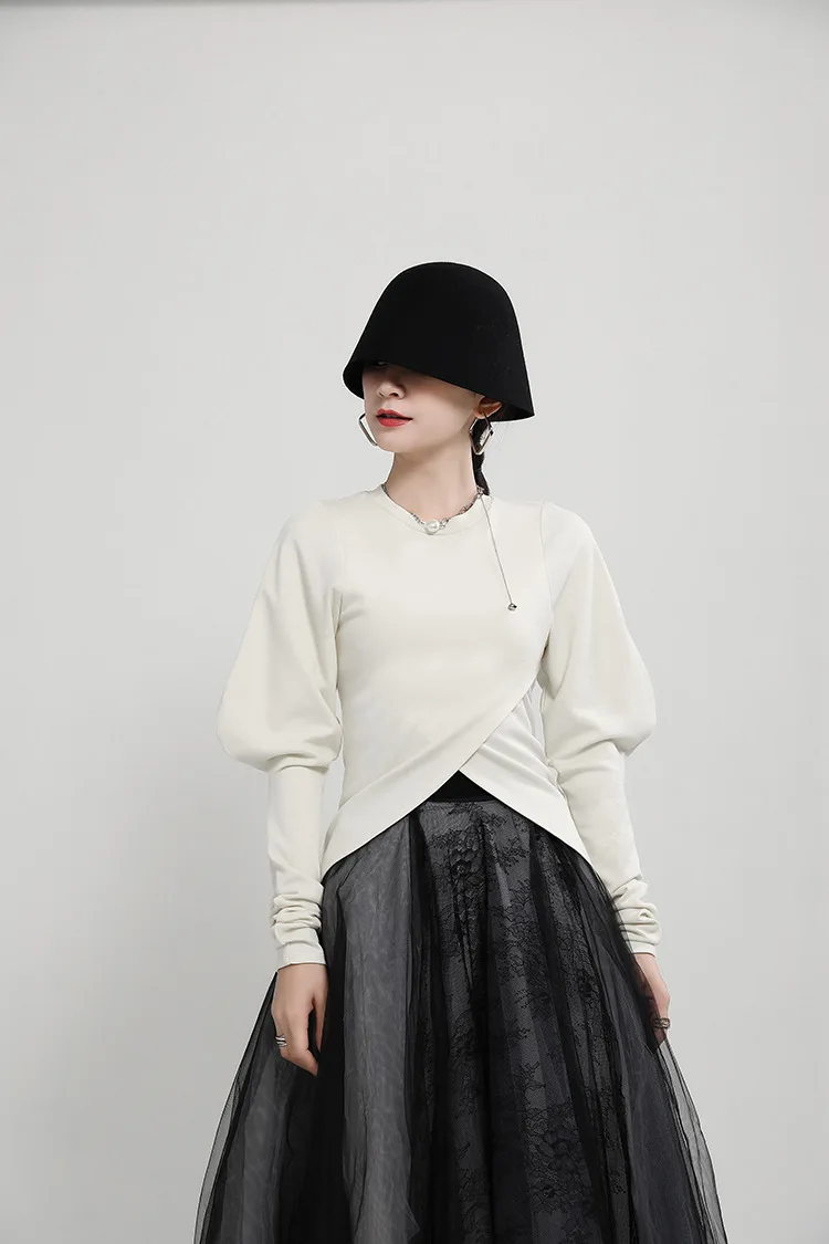 

Women Shaped Irregular Tight T-shirt New Round Neck Puff Long Sleeve Fashion Tide Spring Autumn