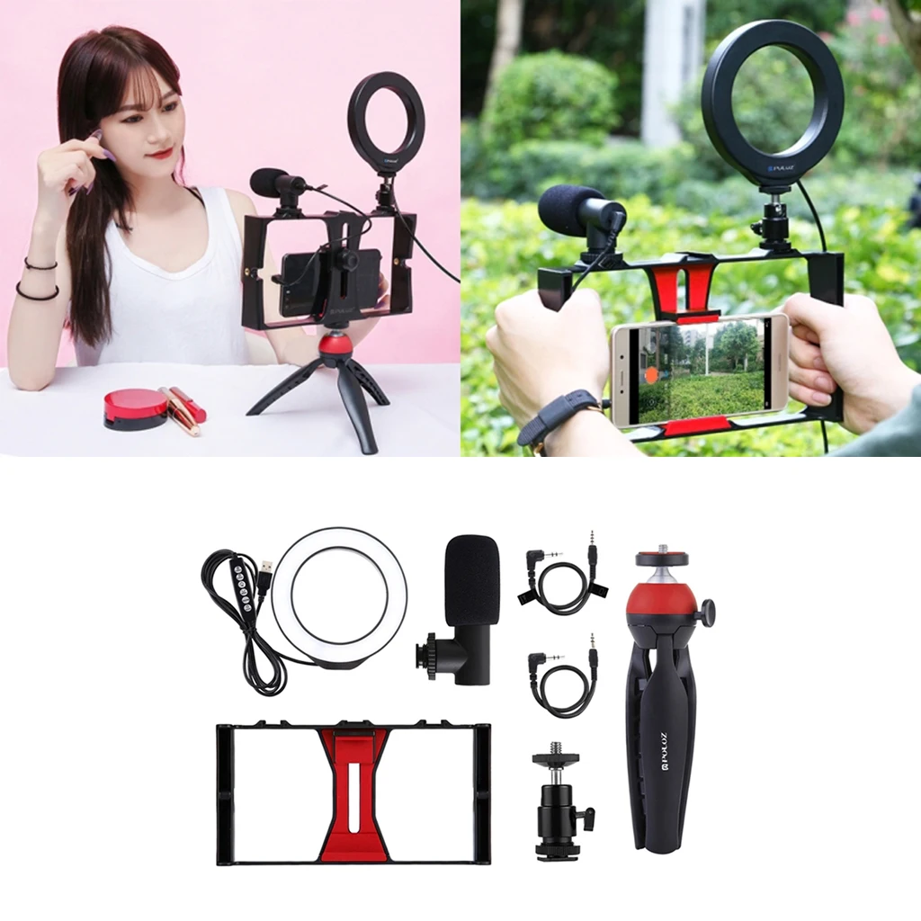 

Smartphone Video Rig Kit Video Grip with Microphone + Video Light + Cold Shoe Tripod Head + MINI Tripod for Samsung