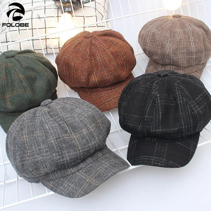 Осенне зимние шапки для женщин клетчатая простая восьмиугольная кепка Newsboy