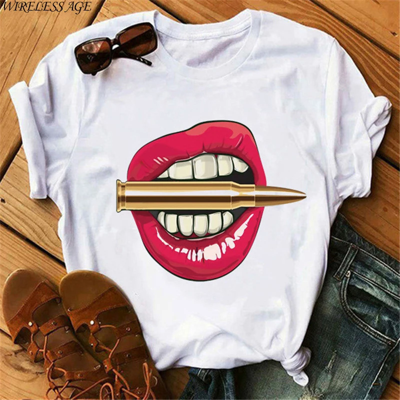 

WIRELESS AGE T Shirt Women's Short Sleeve Round Neck Loose Lip Printings Lady Sexy Tops 2021 New Fashion Daily Wild