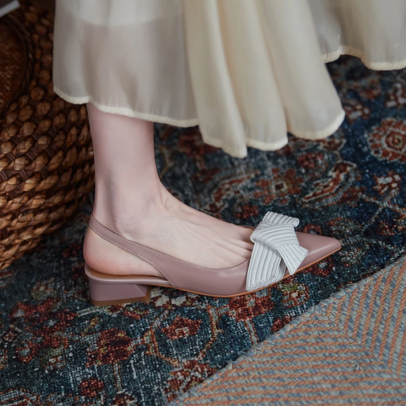 

Women sandalsnatural leather shoes 22-24.5cm Big bow pointed Cowhide Sheepskin insole all-match single shoes sandals women 2020