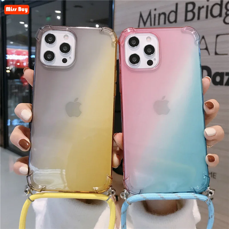 

Lanyard Transparent Gradient Case for OPPO Realme 6 Pro 5 5S C15 C11 C20 C21 C3 X50 X7 7i 8 Pro Shoulder Rope Cord Cover Funda