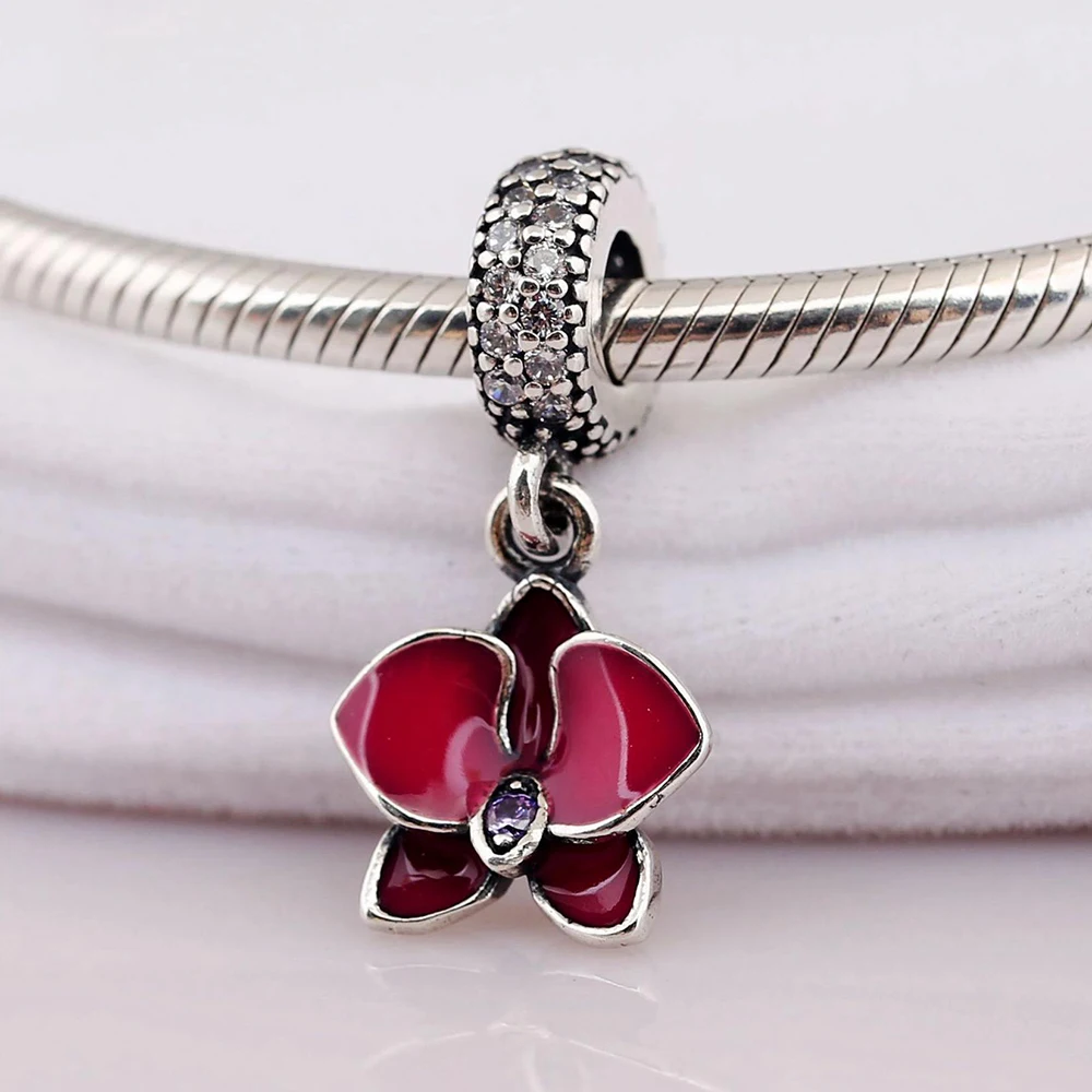 Аутентичные 925 стерлингового серебра бисера Красные Белые Орхидеи Кулон Шарм Fit
