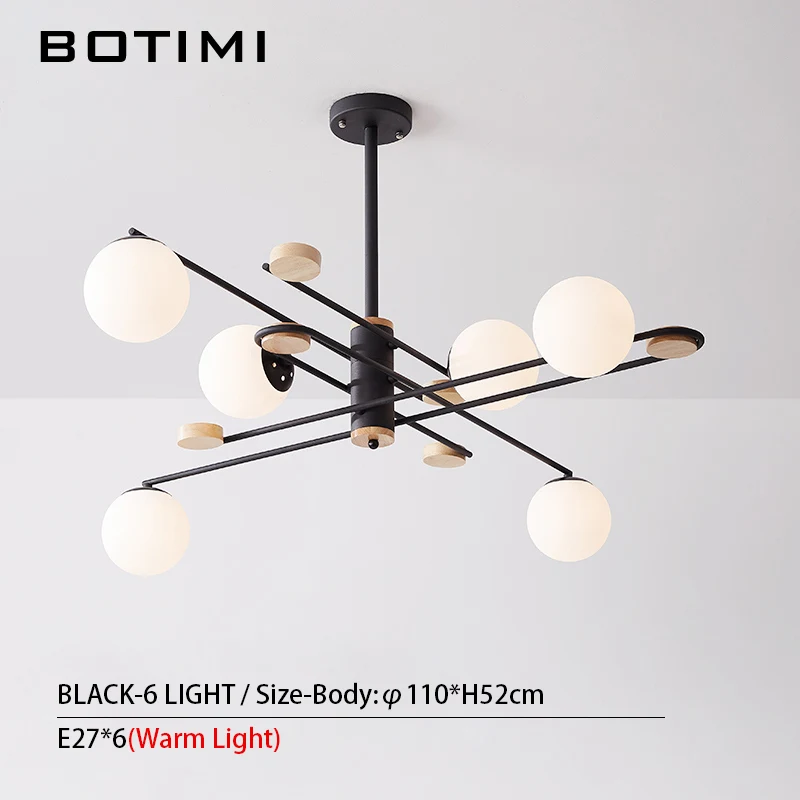 Black-6 Light BOTIMI Стекло шар светодиодный Люстра для Гостиная Творческий Спальня люстры подвесной металлический обеденный светильник деревянные дома деко лампы - Цвет абажура: Black-6 Light