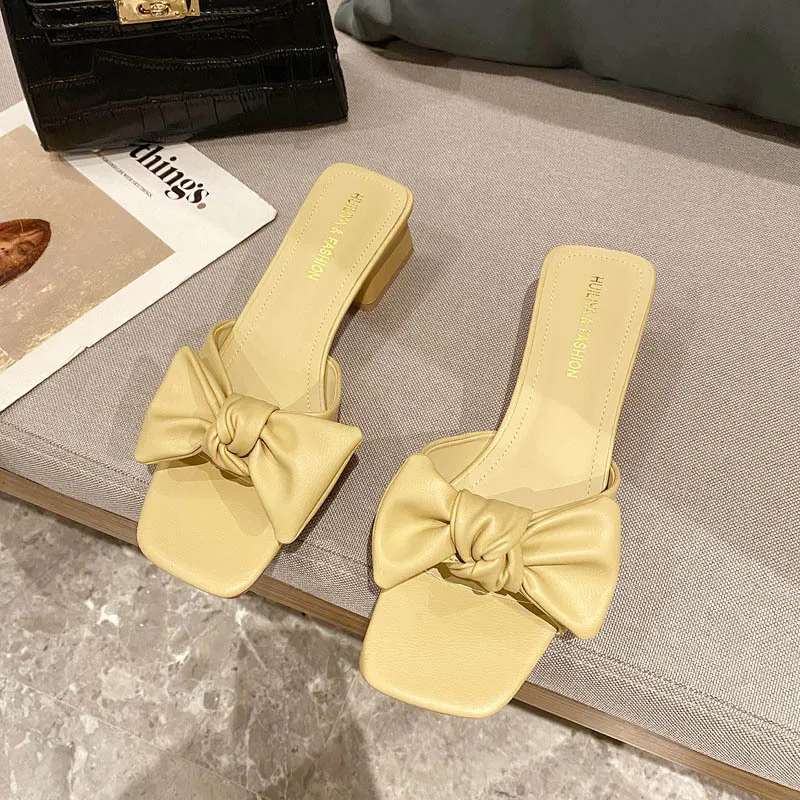 

Shoes Square Toe Butterfly-Knot Slippers Casual Low Slides Slipers Women Luxury Block 2021 Hoof Heels Rubber PU Basic Fabric