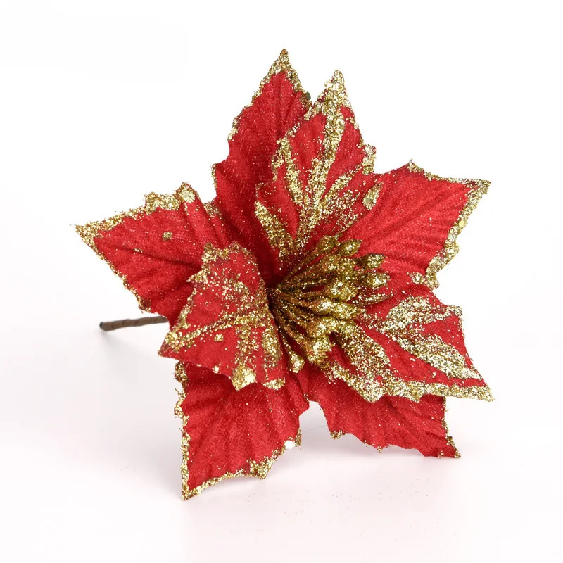 10 шт. искусственные цветы золотой порошок блестки Poinsettia украшение для дома