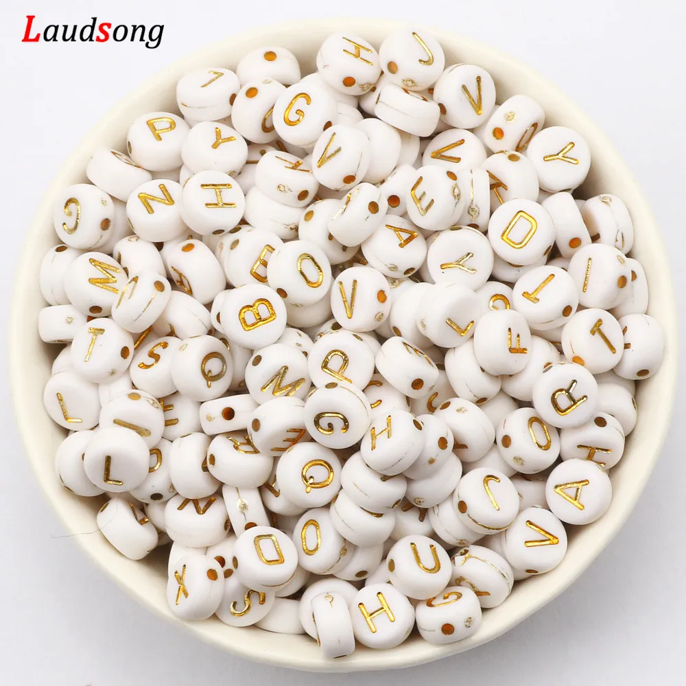 7mm White Gold Color Mix Letter Acrylic Beads Round Flat Alphabet Loose Beads For Jewelry Making Handmade Diy Bracelet Necklace images - 6