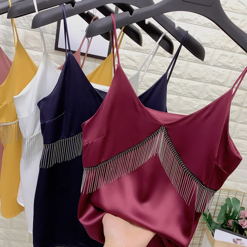 

Fashion V-neck Tassel Silk Satin Sling Camis Women's Summer OuterWear Loose Sleeveless Tops Sexy inner match tank top