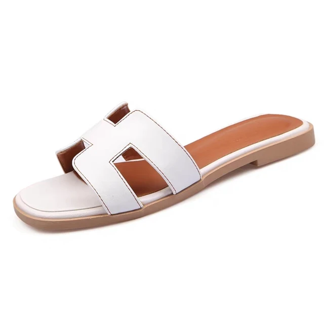 H White Leather VISI HOP/ г.; модные Настоящий мех кролика; Шлепанцы из натуральной кожи; женские пушистые тапочки; зимняя теплая обувь - Цвет: H White Leather