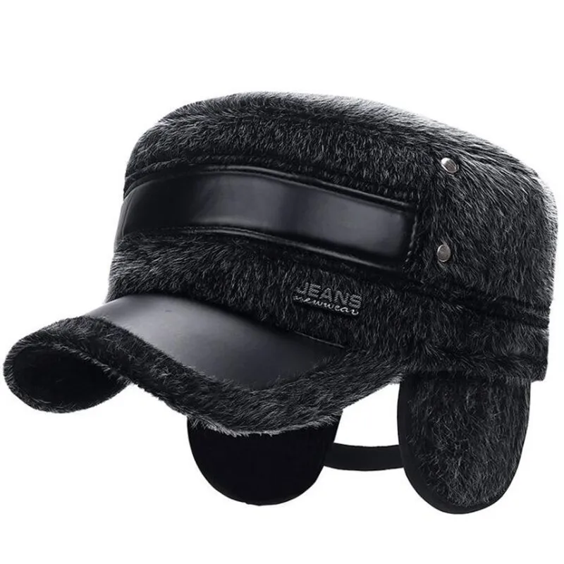 SILOQIN New Earmuffs Velvet Military Hats For Men Adjustable Size Fashion Imitation Hair Thermal Flat Cap Dad's Trend Winter Hat |