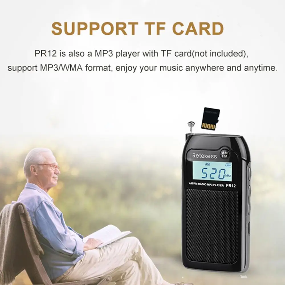 RETEKESS PR12 Мини цифровой карманный радио FM/AM 2 полосный MP3 музыкальный плеер с перезаряжаемой батареей для пеших прогулок/езды на автобус