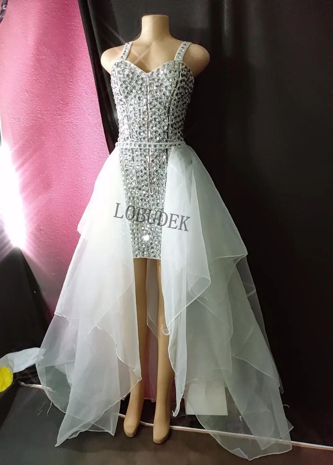 Блестящее Стразы платье на бретельках белый сетчатый наряд с хвостом женское