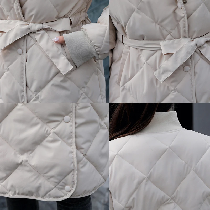 

Winter Puffer Jacket Oversize Long Slim Padded Coat Zippers Sashes Polyester Woman Plaid Parkas Stand-Up Collar Trend 2020 New